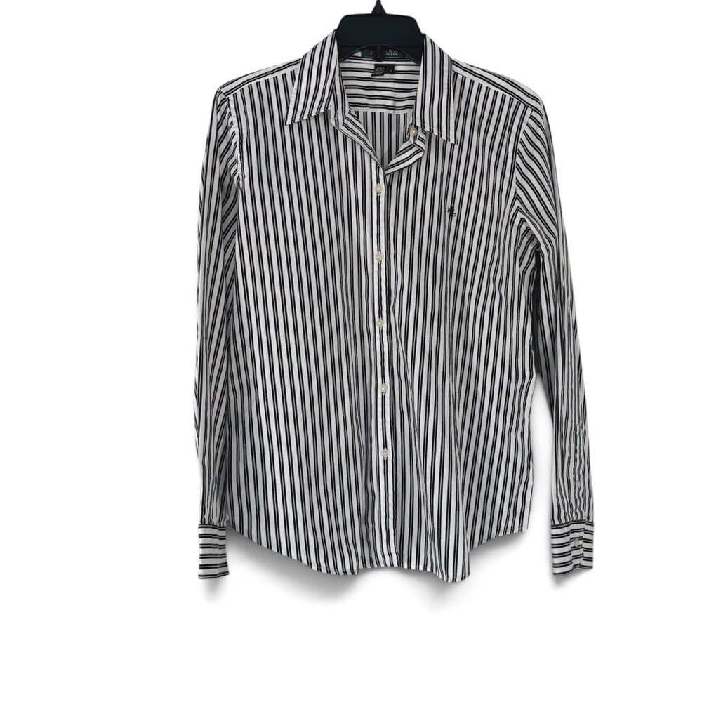 Lauren Ralph Lauren Striped Button Down Shirt Navy White Cotton Monogram Large